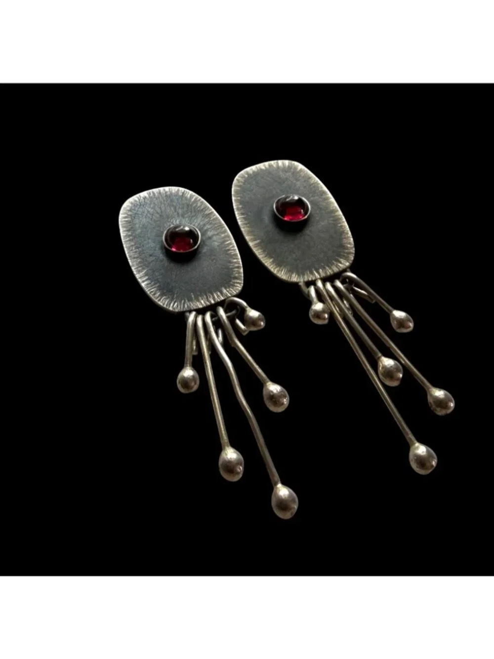 Handcrafted Oxidized Silver Dangle Earrings Red Stone Accent Modern Abstract